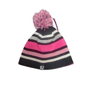 ZeroXposur Pink & Black Striped Pom-Pom Beanie One Size 100% Acrylic Winter Hat